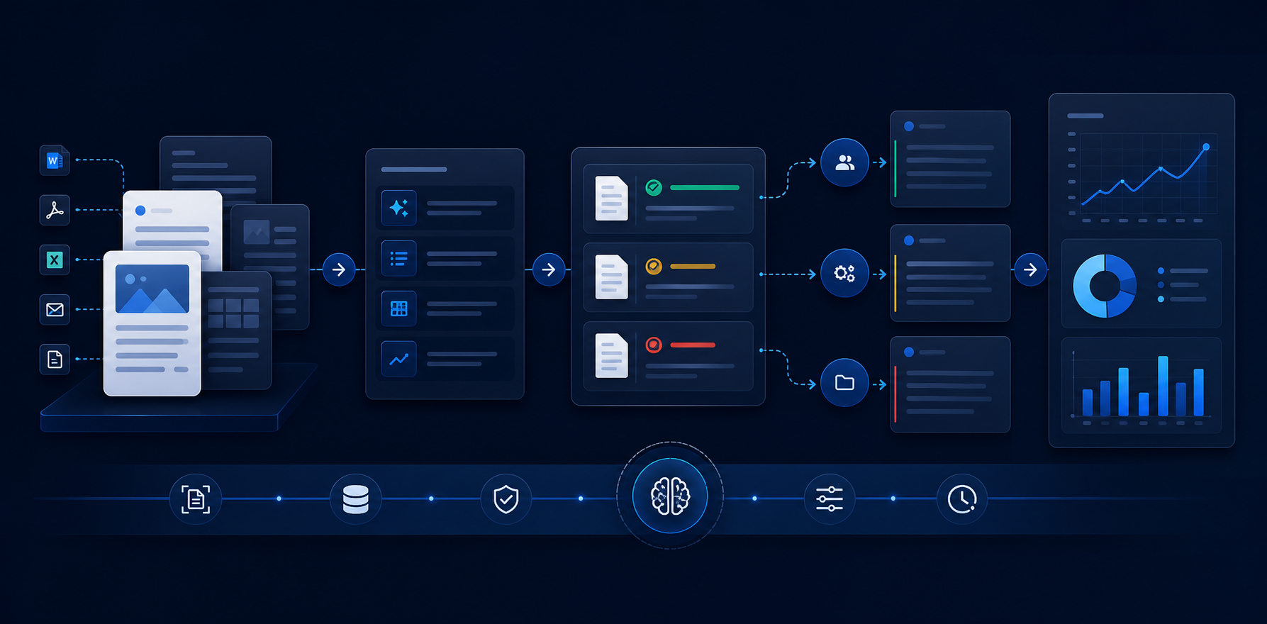 Abstract visual showing document workflows, summaries, routing, and practical AI automation