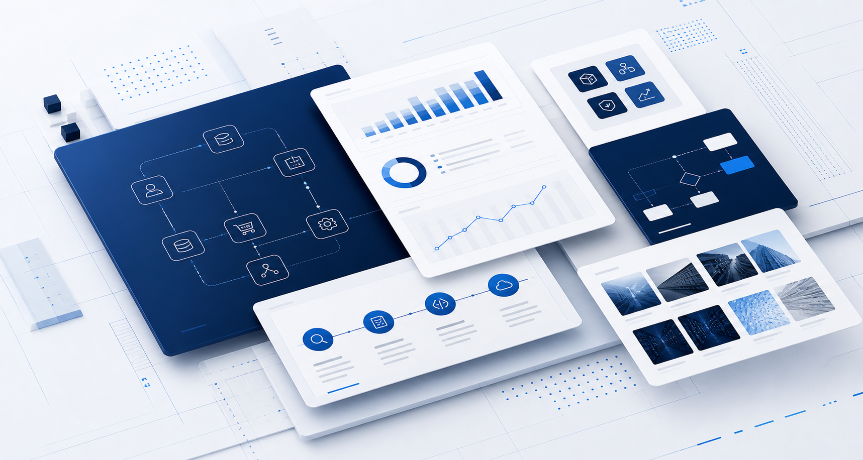 Abstract visual representing delivered software systems, reporting, workflows, and project outcomes