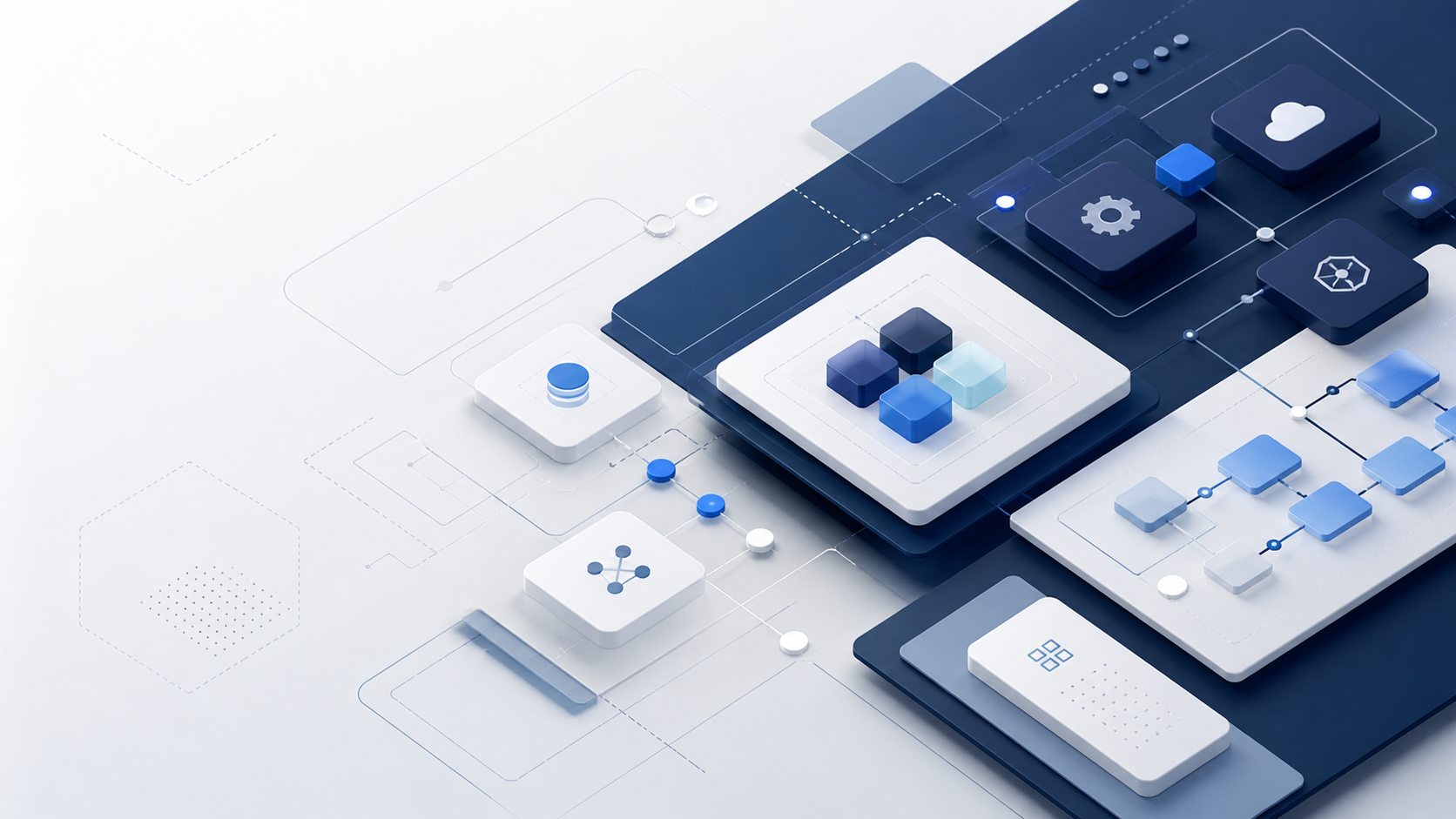 Abstract visual representing modular service architecture, integrations, and workflow orchestration